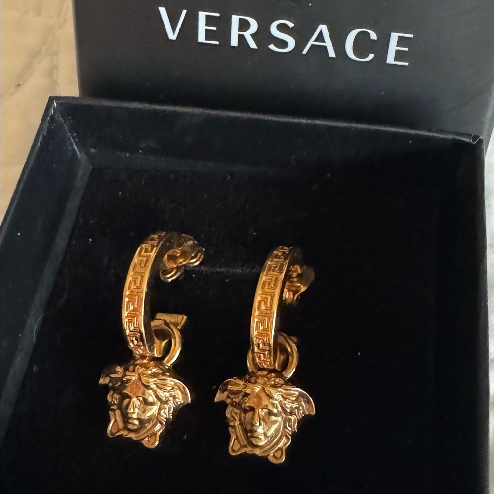 Versace Gold Medusa Dangle Hoop Earrings
